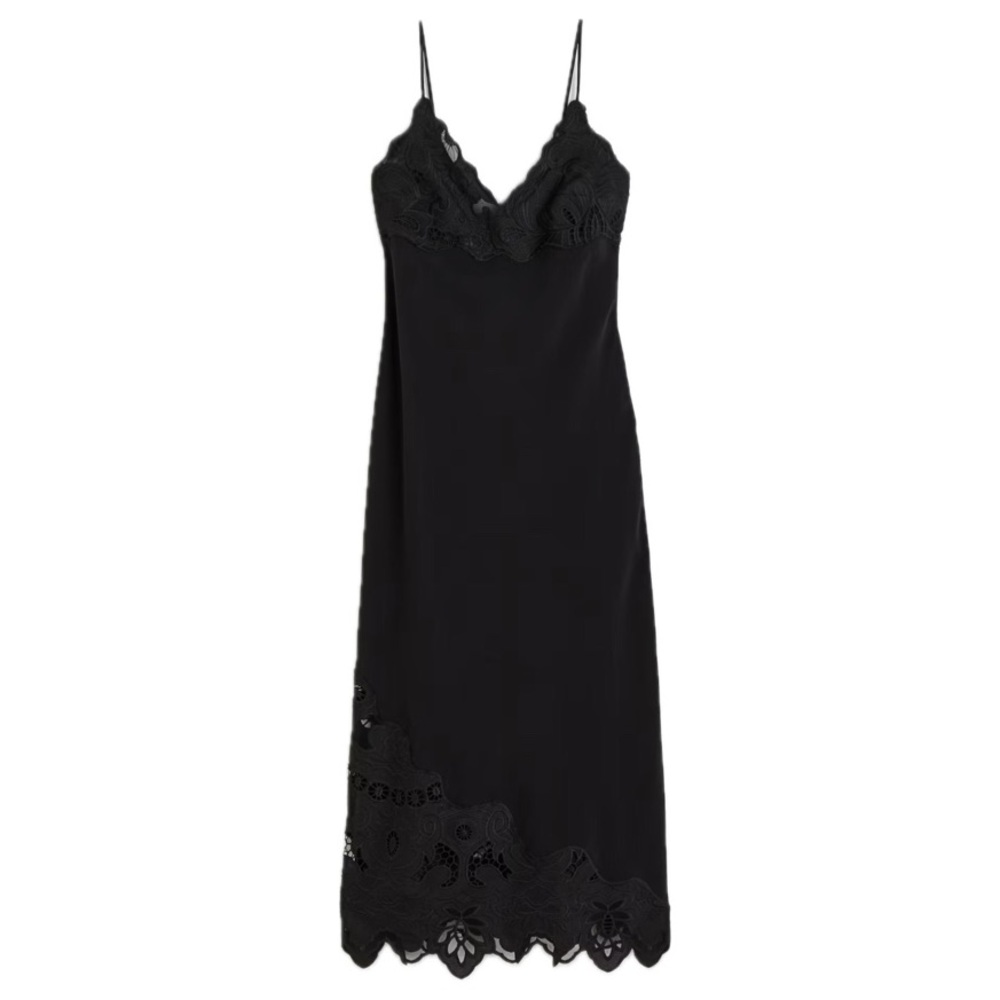 H&M Embroidered Lace Detail Slip Dress Scalloped Hem Adjustable Straps Black NWT